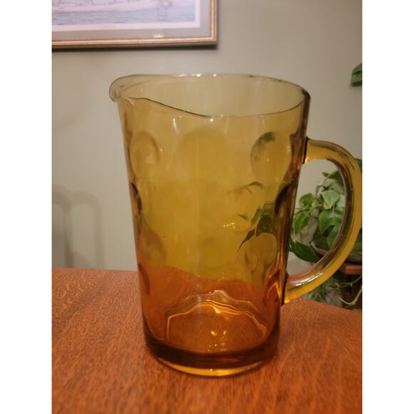 Vintage Hazel Atlas Eldorado Coin Dot Amber Glass Pitcher 7¾" Mid Century Modern - Picture 2 of 10